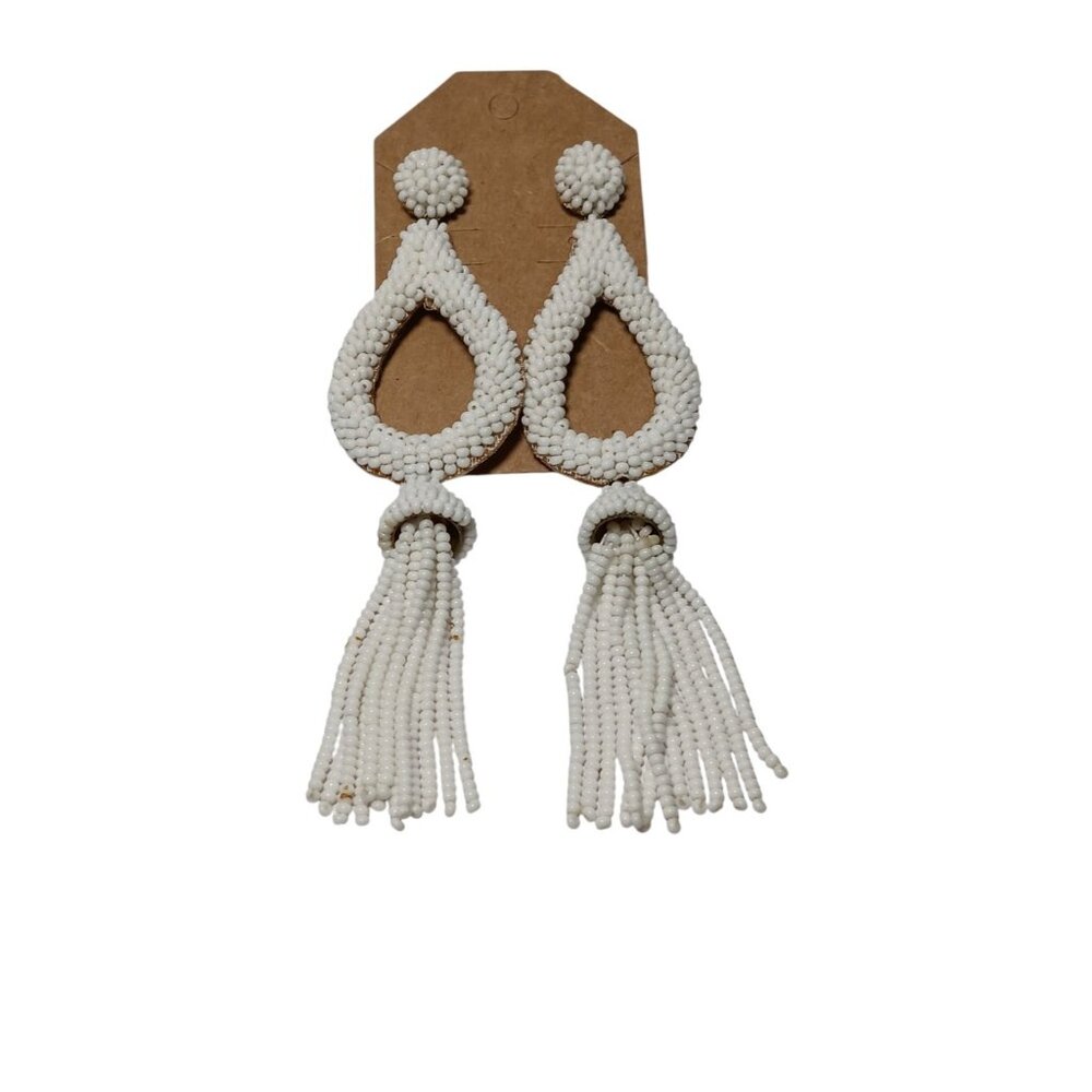 Anthropologie Pierced Earrings Deepa Handmade White Beaded Dangle Drop Runway